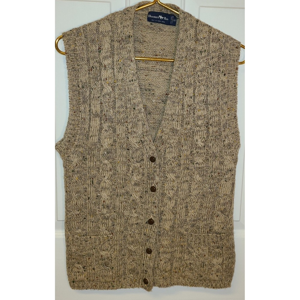 Vtg Hunters Run 97% Wool Sweater Vest Mens Sm Tan Cable Knit Button Up